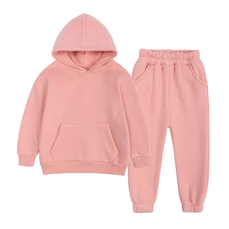 Winter Warm Kids Clothes Girl Outfit Set Long Sleeve Solid Hooded Tops Pants Fashion Children Boys Clothing Sets 1-12 Years