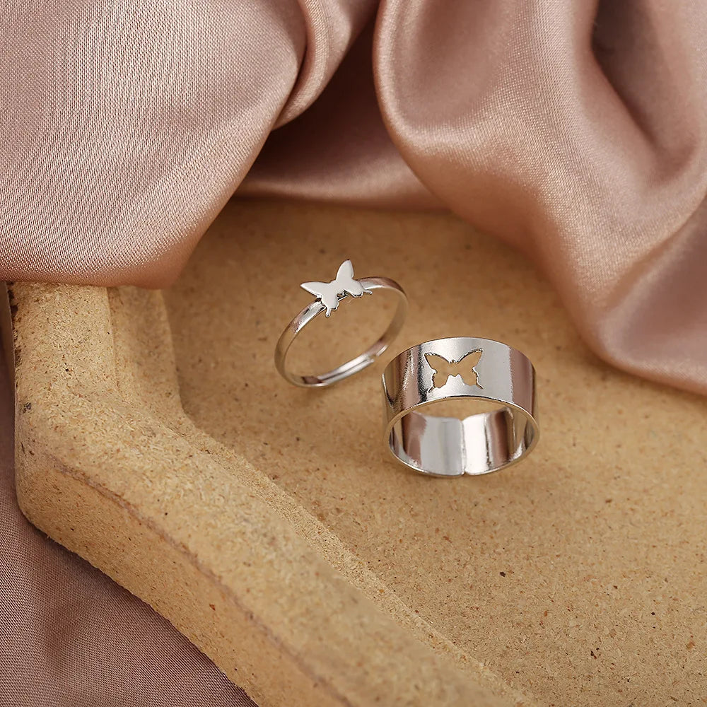 Vintage Simple Animal Butterlfly Star Moon Heart Flame Open Rings for Women Girls Gothic Jewelry Punk Black Couple Ring Set