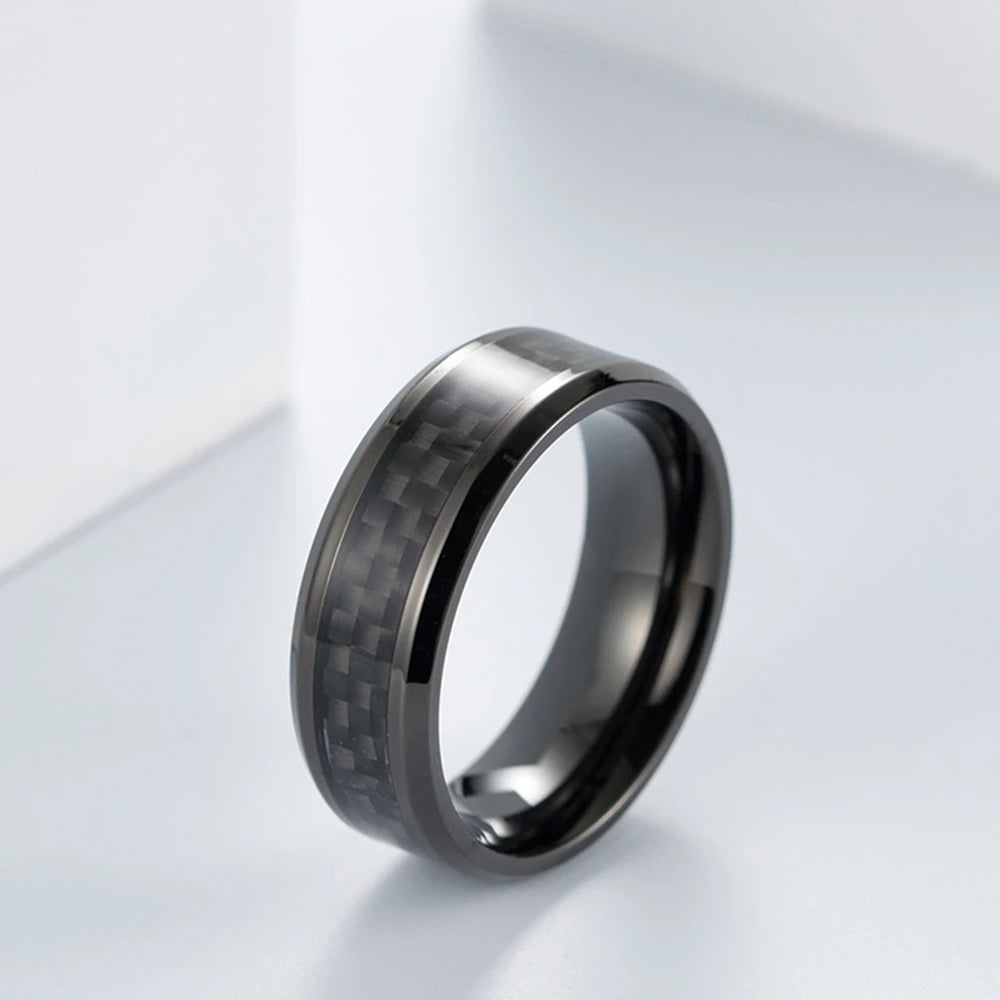 8 Mm Fashion Black Carbon Fiber Punk Ring Voor Mannen Roestvrij Stalen Ring Bruiloft Heren Sieraden