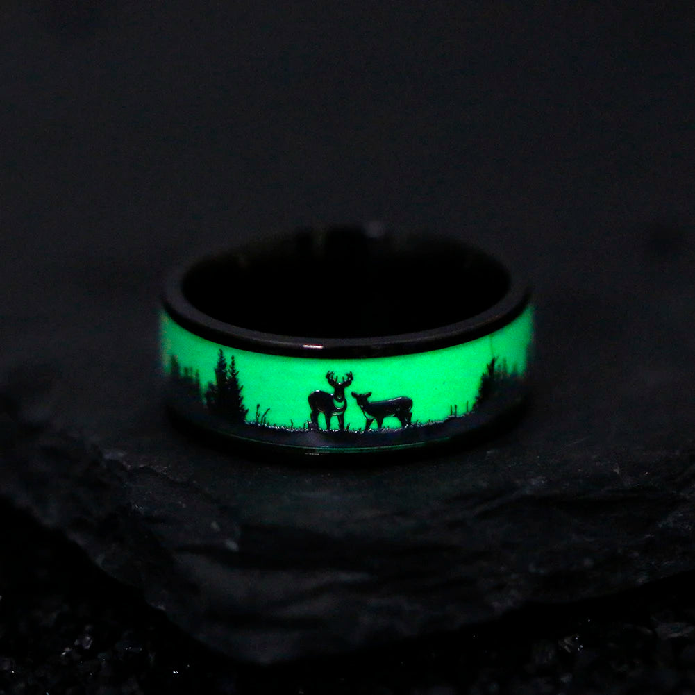 Fashion luminous black tungsten hunting men's ring retro deer silhouette glowing wedding ring engagement jewelry