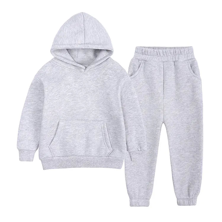 Winter Warm Kids Clothes Girl Outfit Set Long Sleeve Solid Hooded Tops Pants Fashion Children Boys Clothing Sets 1-12 Years