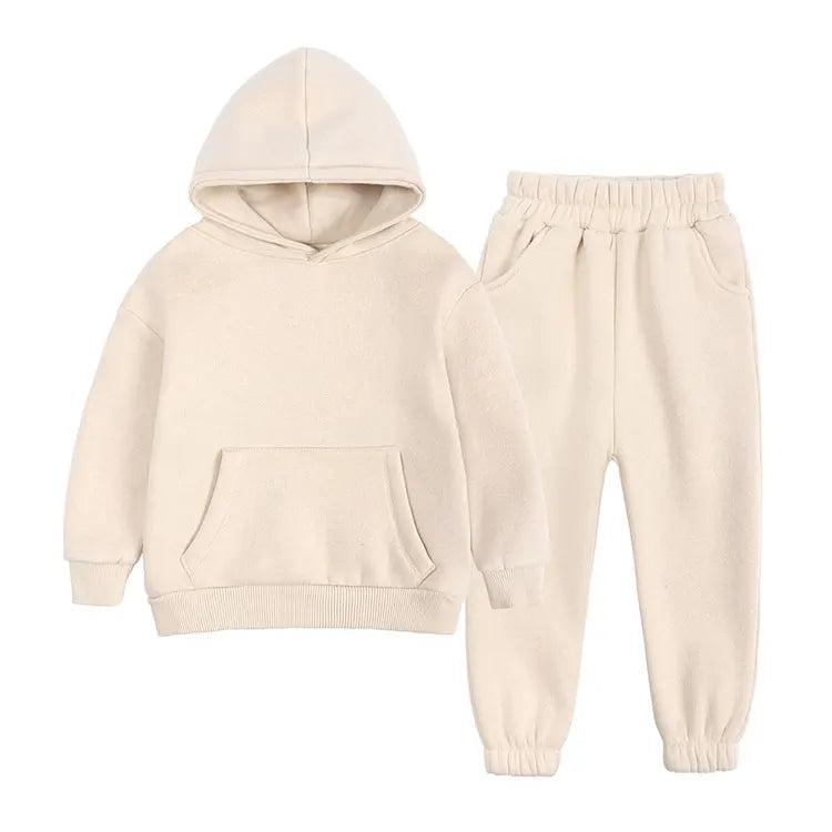 Winter Warm Kids Clothes Girl Outfit Set Long Sleeve Solid Hooded Tops Pants Fashion Children Boys Clothing Sets 1-12 Years