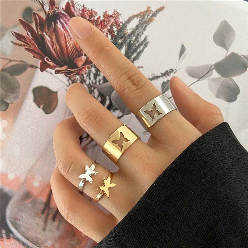 Vintage Simple Animal Butterlfly Star Moon Heart Flame Open Rings for Women Girls Gothic Jewelry Punk Black Couple Ring Set