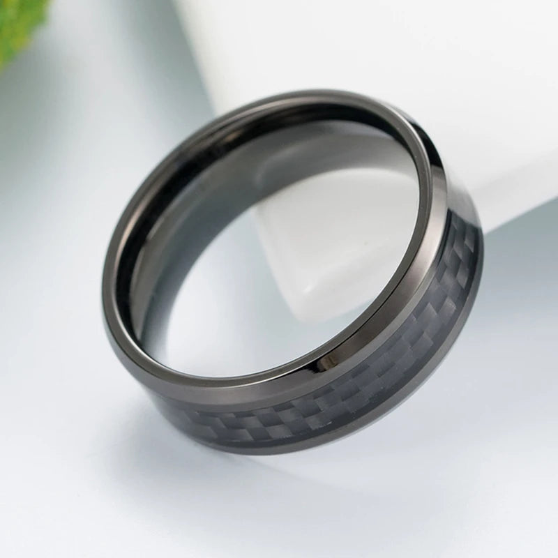 8 Mm Fashion Black Carbon Fiber Punk Ring Voor Mannen Roestvrij Stalen Ring Bruiloft Heren Sieraden