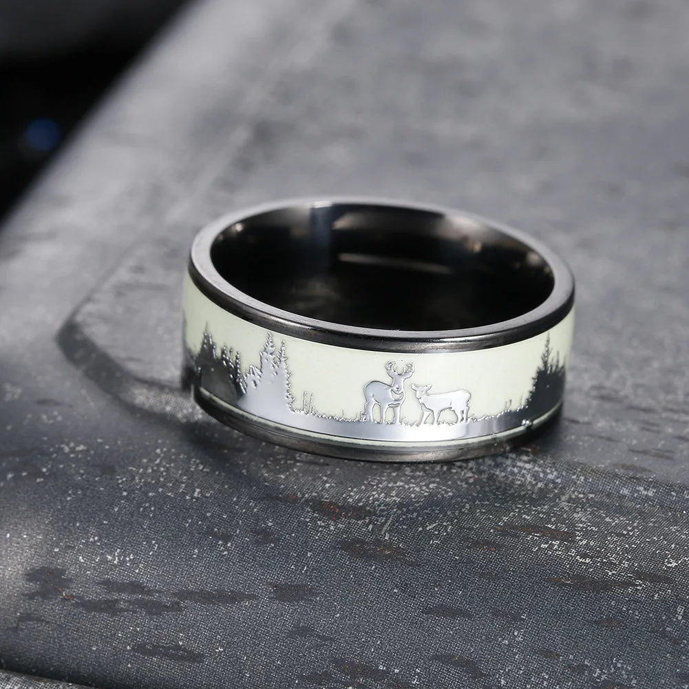 Fashion luminous black tungsten hunting men's ring retro deer silhouette glowing wedding ring engagement jewelry