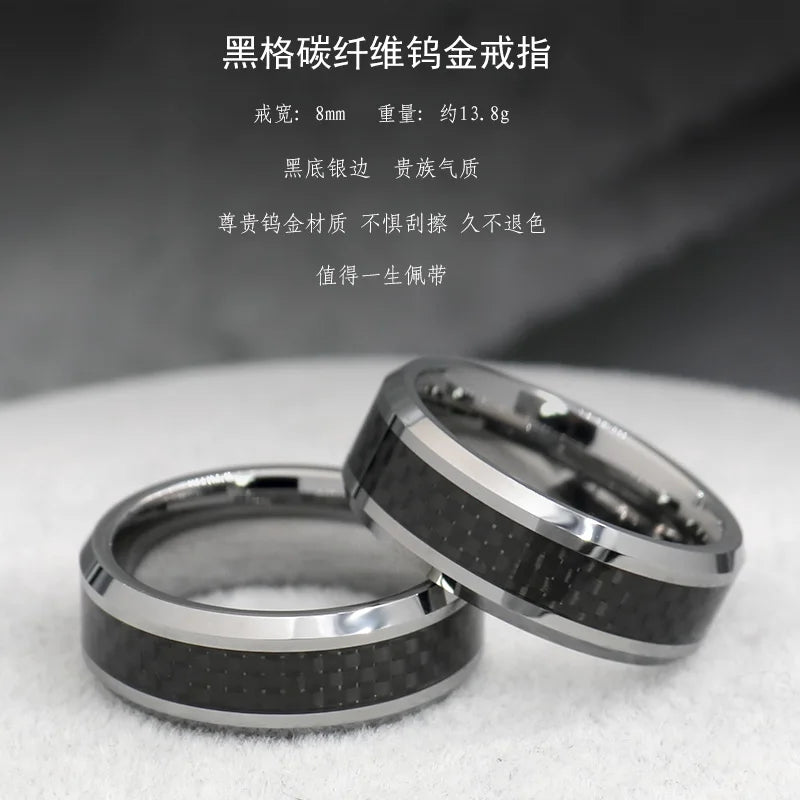 8 Mm Fashion Black Carbon Fiber Punk Ring Voor Mannen Roestvrij Stalen Ring Bruiloft Heren Sieraden