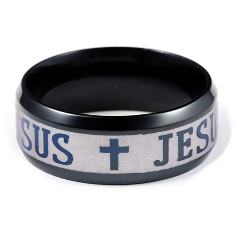 Stainless Steel Black Color Jesus Cross Ring Letter Bible Prayer Finger Rings For Men 8mm Amulet Jewelry