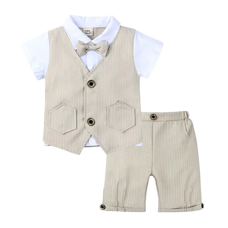 Gentleman Style Children Boys Clothes Summer Kids Clothes Suit Cotton Short Sleeve Bow Tops+Shorts Formal Baby Boy Clothes