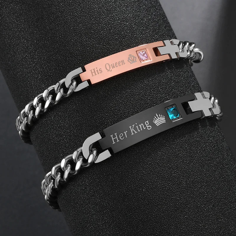 His Queen Her King Black Rose Gold Color Women's Male Chain Crystal Couple Bracelet for Men Femmo on Hands Jewelry