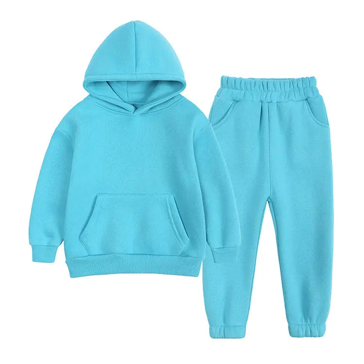 Winter Warm Kids Clothes Girl Outfit Set Long Sleeve Solid Hooded Tops Pants Fashion Children Boys Clothing Sets 1-12 Years