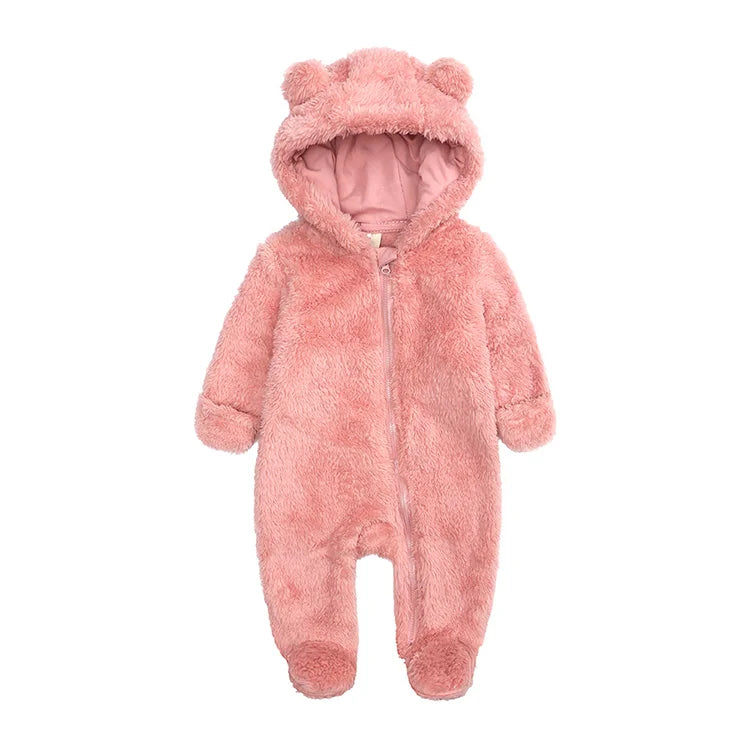 Arctic Velvet Hooded Baby Romper Winter Baby Girl Clothes Long Sleeve Infant Rompers Solid Color Newborn Clothing 0-12 Years