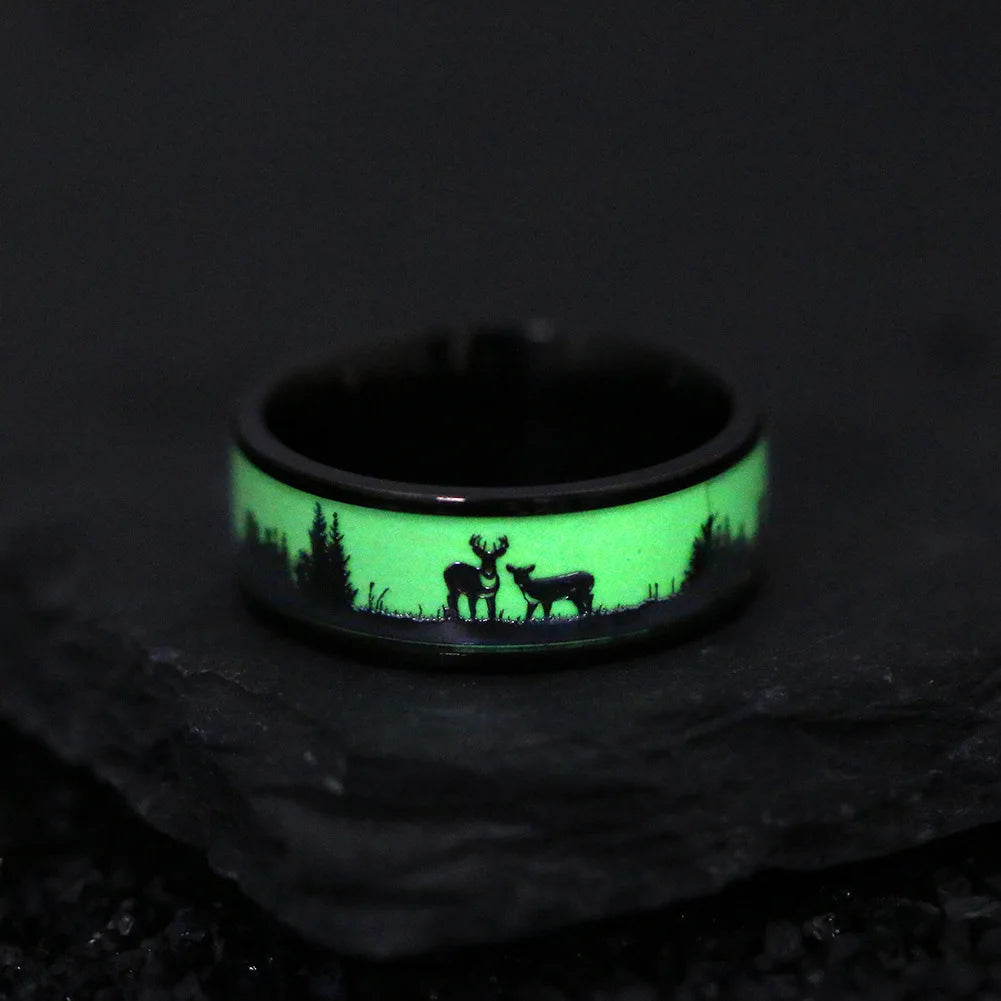 Fashion luminous black tungsten hunting men's ring retro deer silhouette glowing wedding ring engagement jewelry