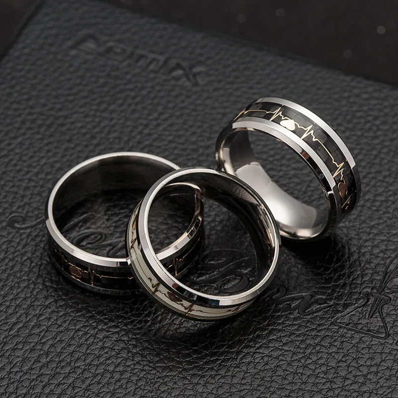 Women's Rings Luminous Mood ECG Ring Temperament Men's Ring Carbon Fiber Couple Wedding Rings  Valentine's Day Gift