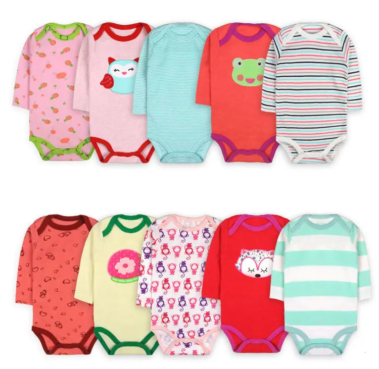 [5 Packs Random style] Cotton Long Sleeve Baby Bodysuit Cartoon Print Newborn Baby Clothes Spring Autumn Infant Jumpsuit