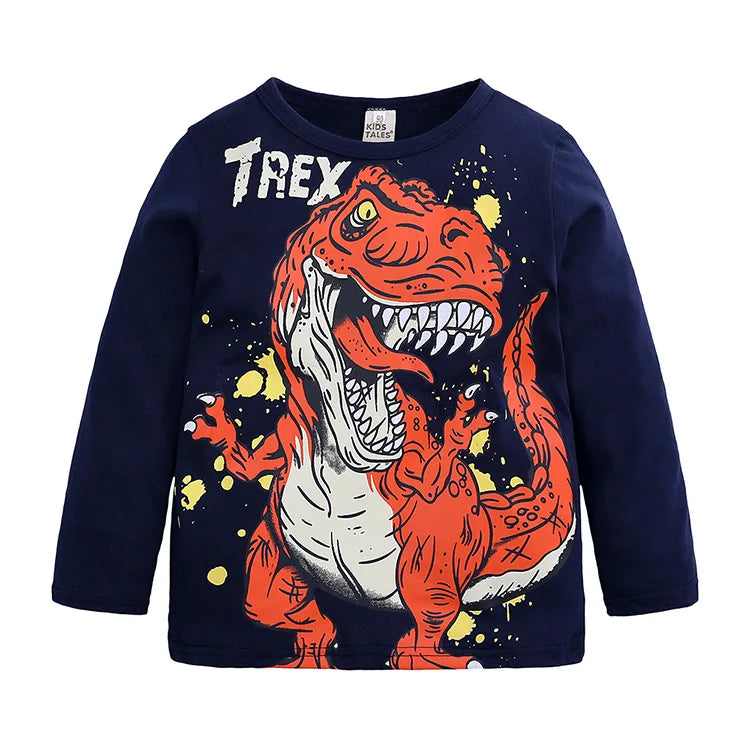 Cartoon Dinosaur Graphic T Shirts Spring Autumn Kids Clothes Boys T-shirt Cotton Long Sleeve Children Clothing Tops 2-7 Years