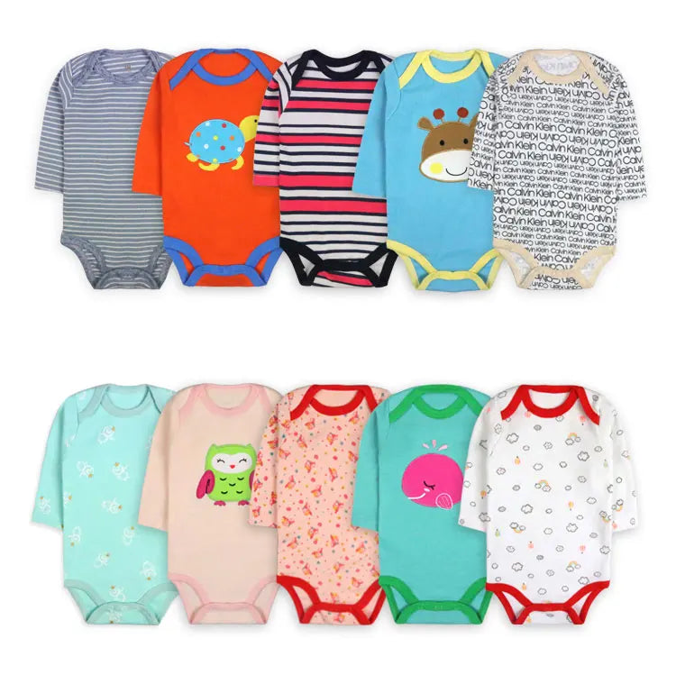 [5 Packs Random style] Cotton Long Sleeve Baby Bodysuit Cartoon Print Newborn Baby Clothes Spring Autumn Infant Jumpsuit