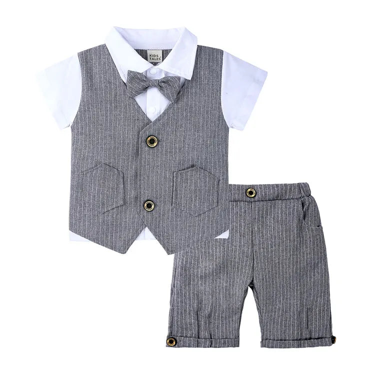 Gentleman Style Children Boys Clothes Summer Kids Clothes Suit Cotton Short Sleeve Bow Tops+Shorts Formal Baby Boy Clothes