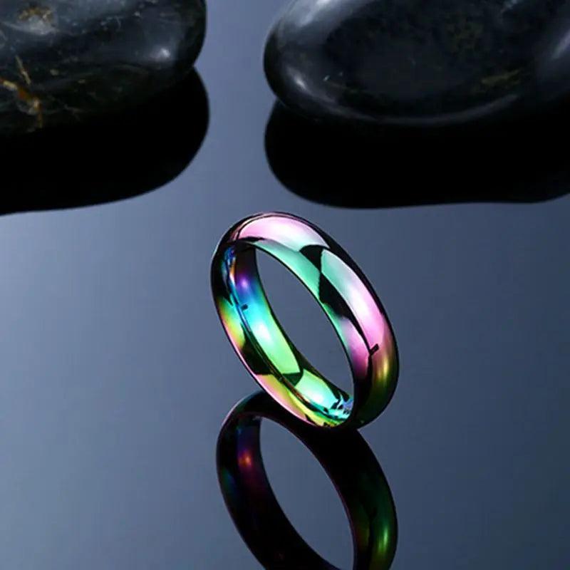 6mm Rainbow Colorful Smooth Surface Rings for Women Trendy Cute Stainless Steel Wedding Bands Jewelry