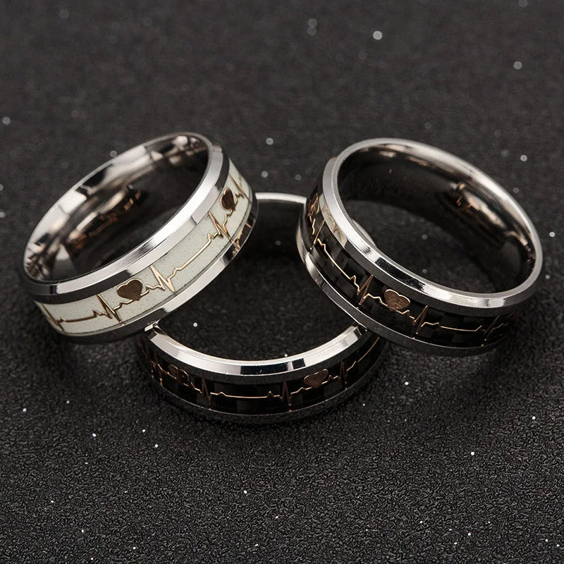 Women's Rings Luminous Mood ECG Ring Temperament Men's Ring Carbon Fiber Couple Wedding Rings  Valentine's Day Gift