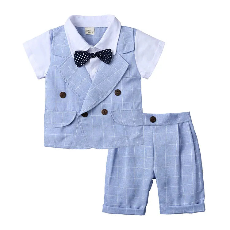 Formal Gentleman Kids Clothes Set Summer Toddler Boy Clothes Short Sleeve Bow Tops+Shorts Cotton Children Clothing 1-4Years