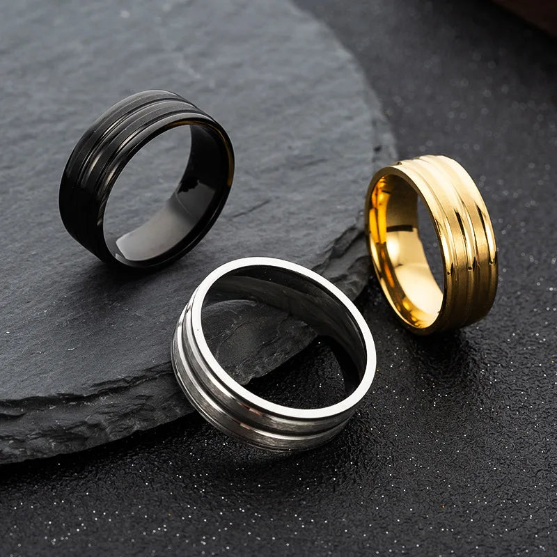 Men's wedding ring BASIC black pure 8MM Stainless Steel Matte Groove Brushed Ring, Wedding Band Ring Valentine Gifts