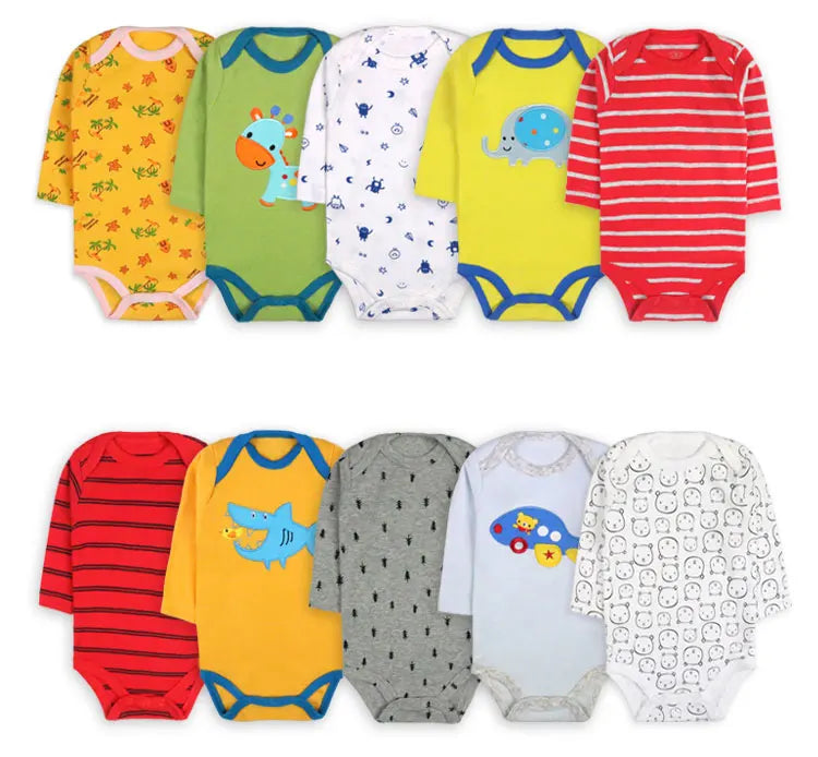 [5 Packs Random style] Cotton Long Sleeve Baby Bodysuit Cartoon Print Newborn Baby Clothes Spring Autumn Infant Jumpsuit