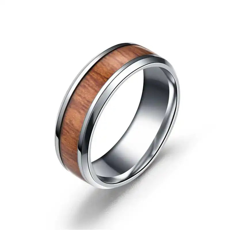 8mm Stainless Steel Ring Real Brown Koa Wood Inlaid High Polished Sieve Wedding Ring Men Women