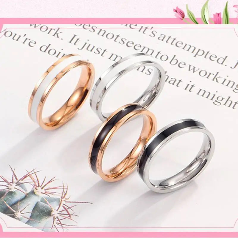 Rose Gold Color White Black Charm Ring for Woman Man Custom Engrave Name Wedding Jewelry 316L Stainless Steel Never Fade