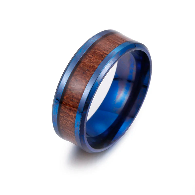 8mm Stainless Steel Ring Real Brown Koa Wood Inlaid High Polished Sieve Wedding Ring Men Women