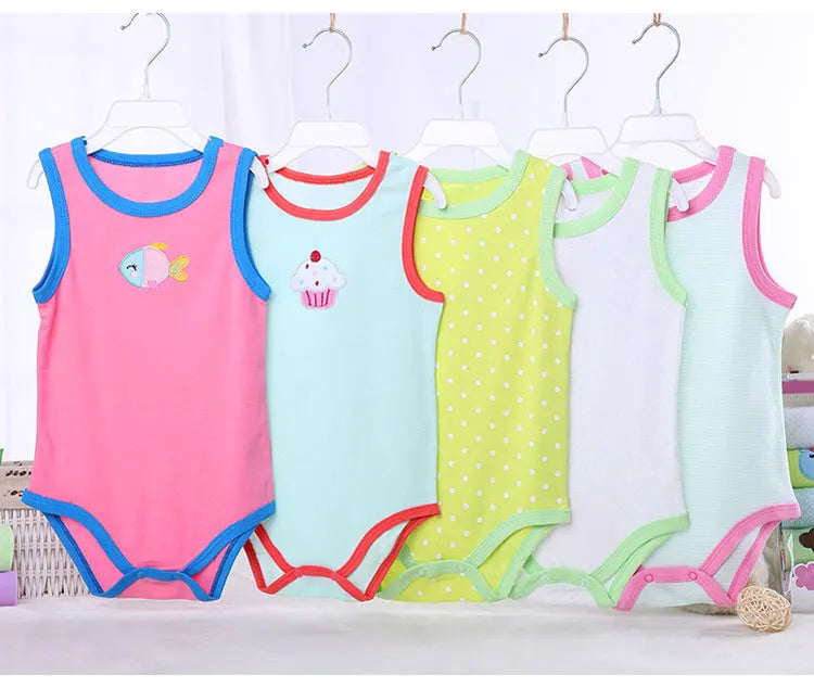 [5Pcs/lot Random Color] Cartoon Baby Bodysuit Cotton Sleeveless Baby Girl Clothes Summer Infant Boys Bodysuits Newborn Jumpsuits