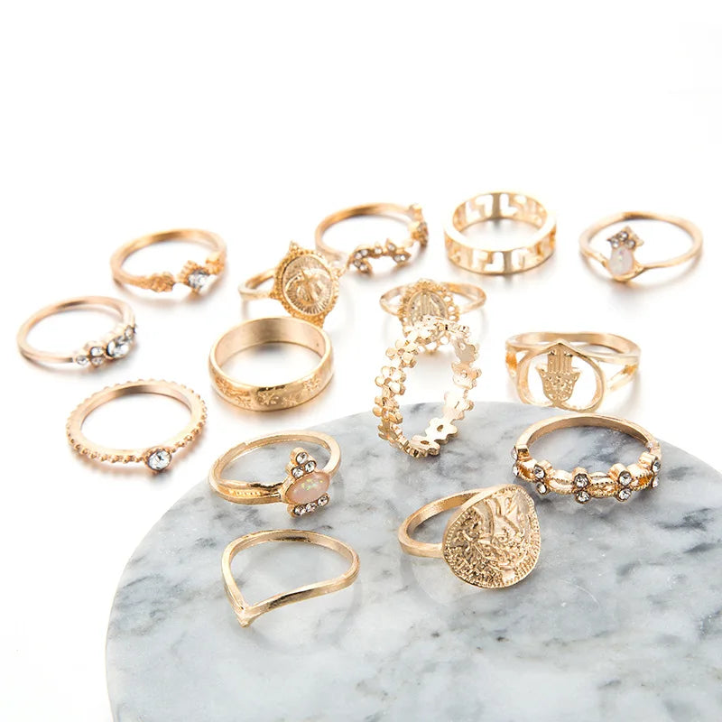 15 Pcs/set Boho Virgin Mary Snake Gold Color Rings Women  Geometric Female Finger Rings Set Jewelry