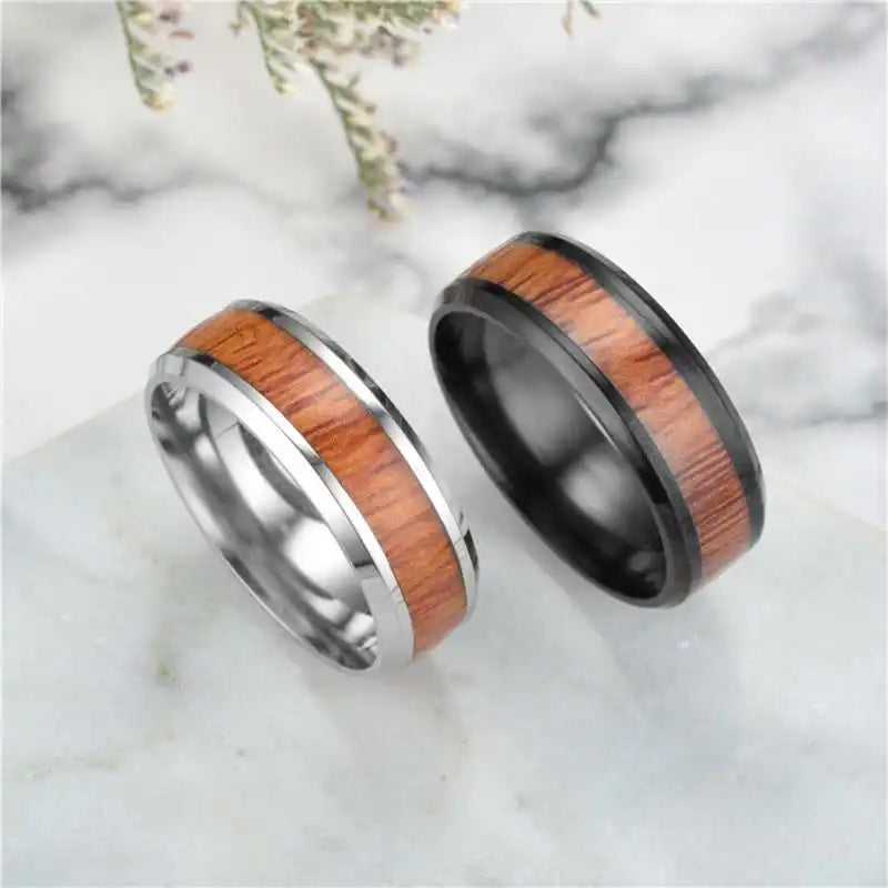 8mm Stainless Steel Ring Real Brown Koa Wood Inlaid High Polished Sieve Wedding Ring Men Women