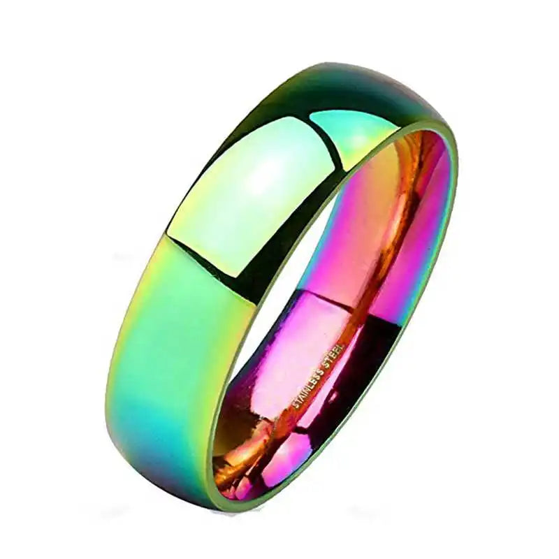 6mm Rainbow Colorful Smooth Surface Rings for Women Trendy Cute Stainless Steel Wedding Bands Jewelry