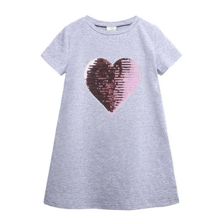 Sequin Love Children Girls Dress Cotton Short Sleeve Kids Dresses For Girls Summer Children Girl Clothing O-Neck Birthday Dress