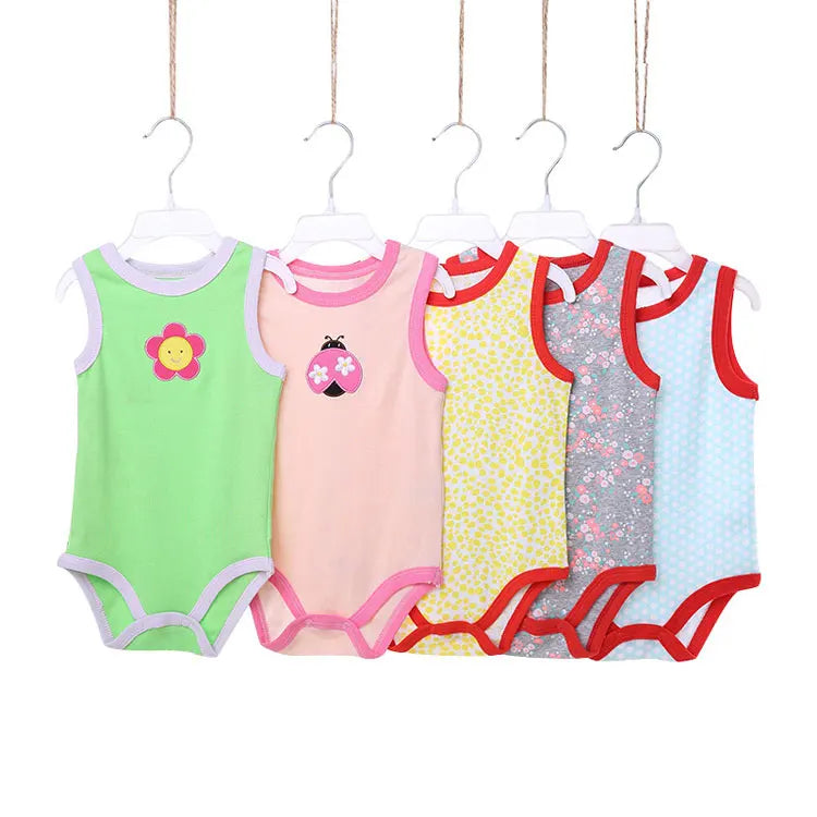 [5Pcs/lot Random Color] Cartoon Baby Bodysuit Cotton Sleeveless Baby Girl Clothes Summer Infant Boys Bodysuits Newborn Jumpsuits