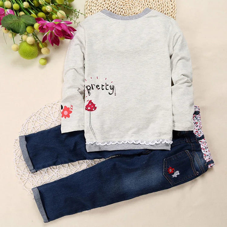 Fashion Spring Autumn Kids Girls Clothing Sets Cotton O-Neck Tops + Jeans 2 PCS Long Sleeve Floral Denim Suits  2 To 6 Years Old