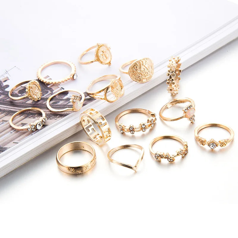 15 Pcs/set Boho Virgin Mary Snake Gold Color Rings Women  Geometric Female Finger Rings Set Jewelry