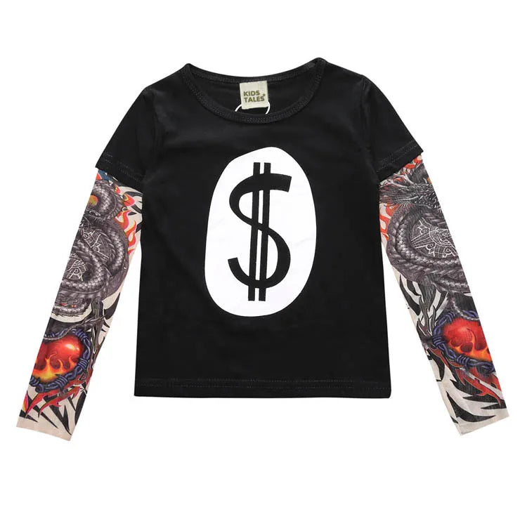 Fashion Kids Children Boys Girls Clothing Tees Cotton Long Sleeve O-Neck T-Shirts Flower Arm Clothing Tattoo Sunscreen Clothes