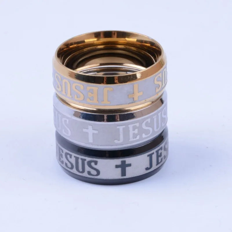 Stainless Steel Black Color Jesus Cross Ring Letter Bible Prayer Finger Rings For Men 8mm Amulet Jewelry