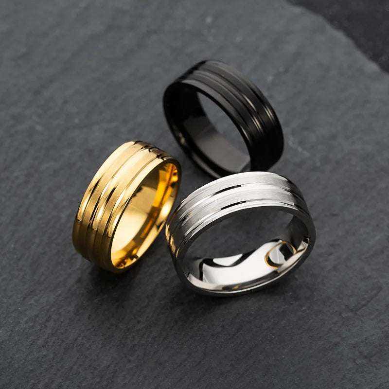 Punk Men Matte Stainless Steel Rings Black Groove Male Wedding Brands Jewelry