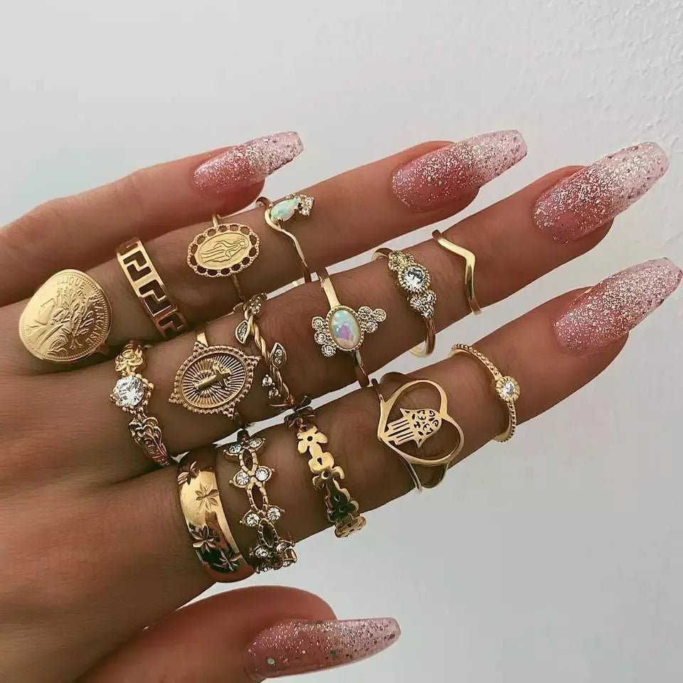 15 Pcs/set Boho Virgin Mary Snake Gold Color Rings Women  Geometric Female Finger Rings Set Jewelry