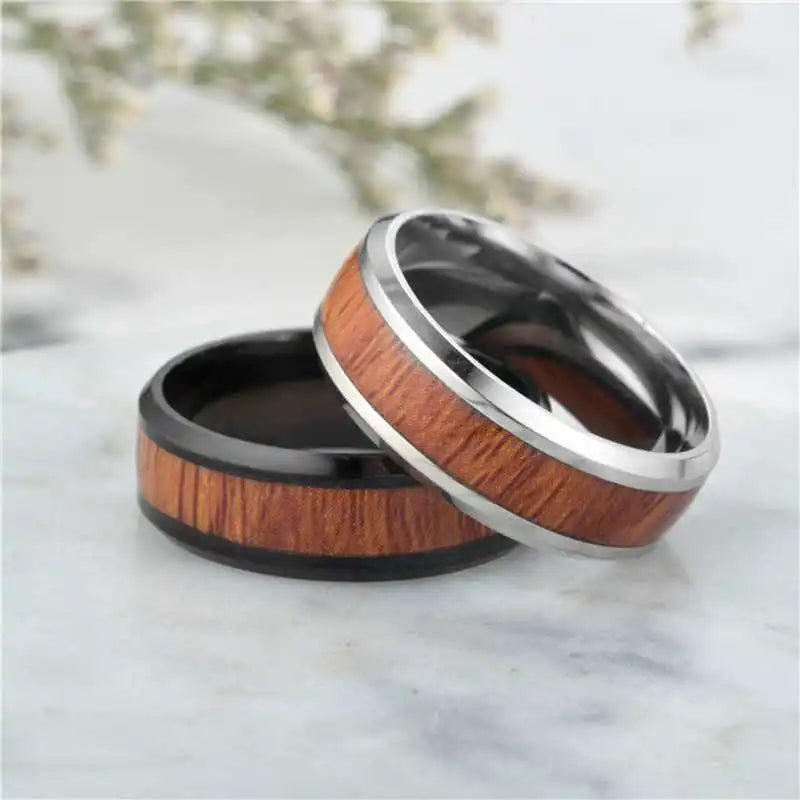 8mm Stainless Steel Ring Real Brown Koa Wood Inlaid High Polished Sieve Wedding Ring Men Women