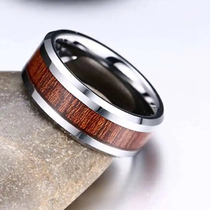 8mm Stainless Steel Ring Real Brown Koa Wood Inlaid High Polished Sieve Wedding Ring Men Women