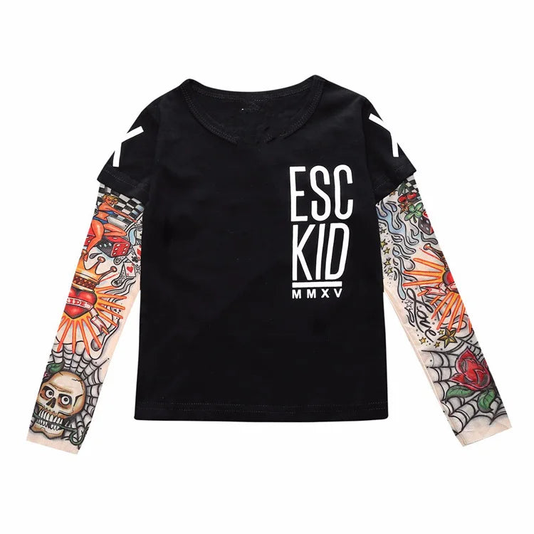 Fashion Kids Children Boys Girls Clothing Tees Cotton Long Sleeve O-Neck T-Shirts Flower Arm Clothing Tattoo Sunscreen Clothes