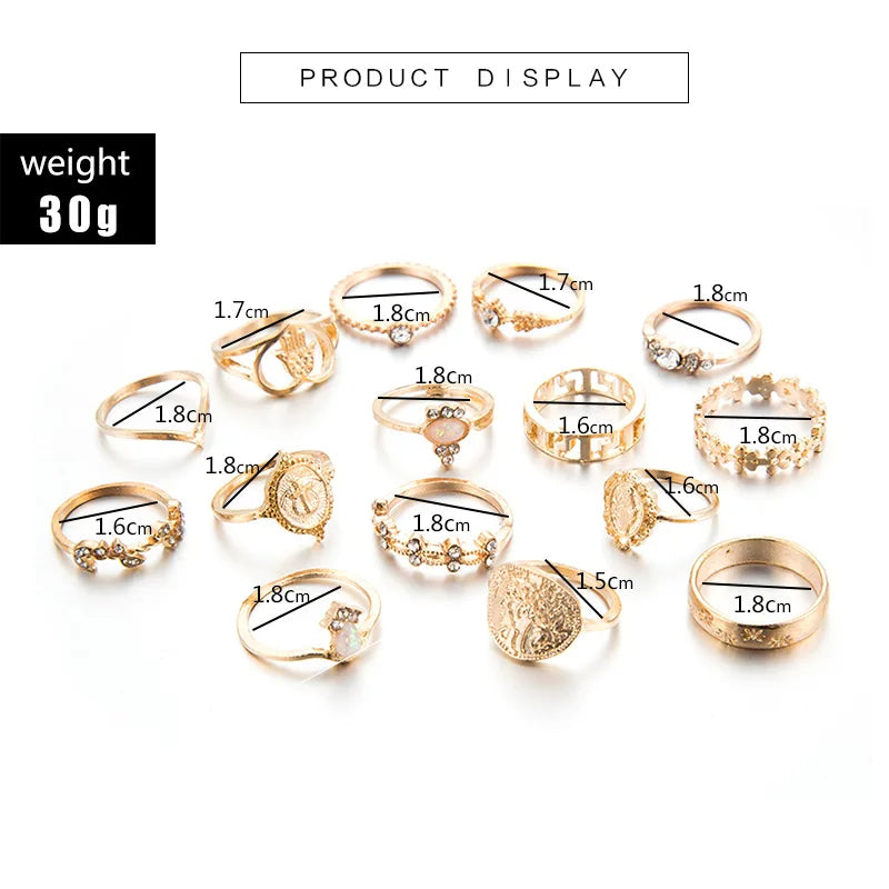 15 Pcs/set Boho Virgin Mary Snake Gold Color Rings Women  Geometric Female Finger Rings Set Jewelry