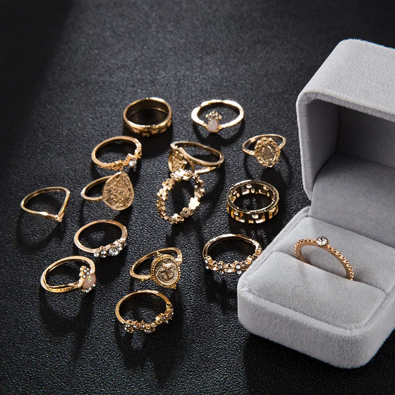 15 Pcs/set Boho Virgin Mary Snake Gold Color Rings Women  Geometric Female Finger Rings Set Jewelry