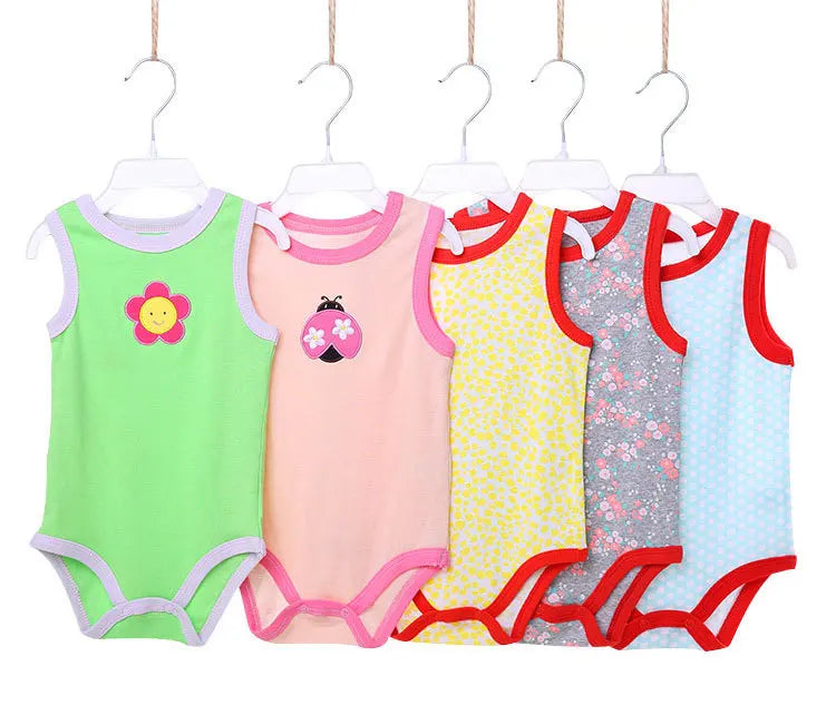 [5Pcs/lot Random Color] Cartoon Baby Bodysuit Cotton Sleeveless Baby Girl Clothes Summer Infant Boys Bodysuits Newborn Jumpsuits