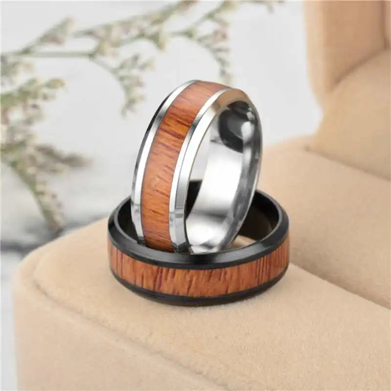 8mm Stainless Steel Ring Real Brown Koa Wood Inlaid High Polished Sieve Wedding Ring Men Women