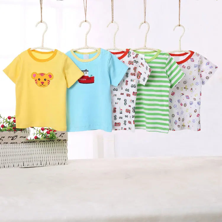 [5 Pcs/Lot Random Color] Baby T-Shirt 100%Cotton Cartoon Print Baby Girl Tops Summer Short Sleeve Toddler Boys Tshirt Clothes