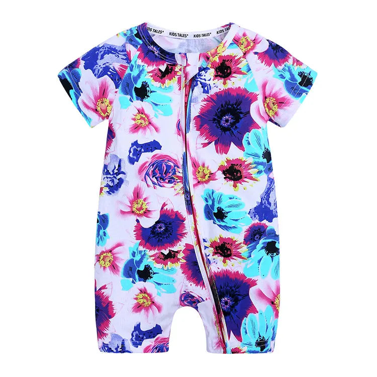 Fashion Summer Newborn Baby Rompers Soft Cotton Shorts Sleeve Zipper Baby Boys Rompers Floral Print Infant Costume 3-24 Months